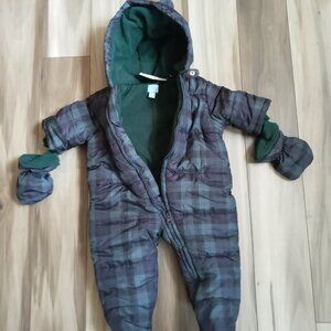 NWT The Children's Place Baby Boys Bear Snowsuit Plaid Micro-Fleece Lined 3-6M